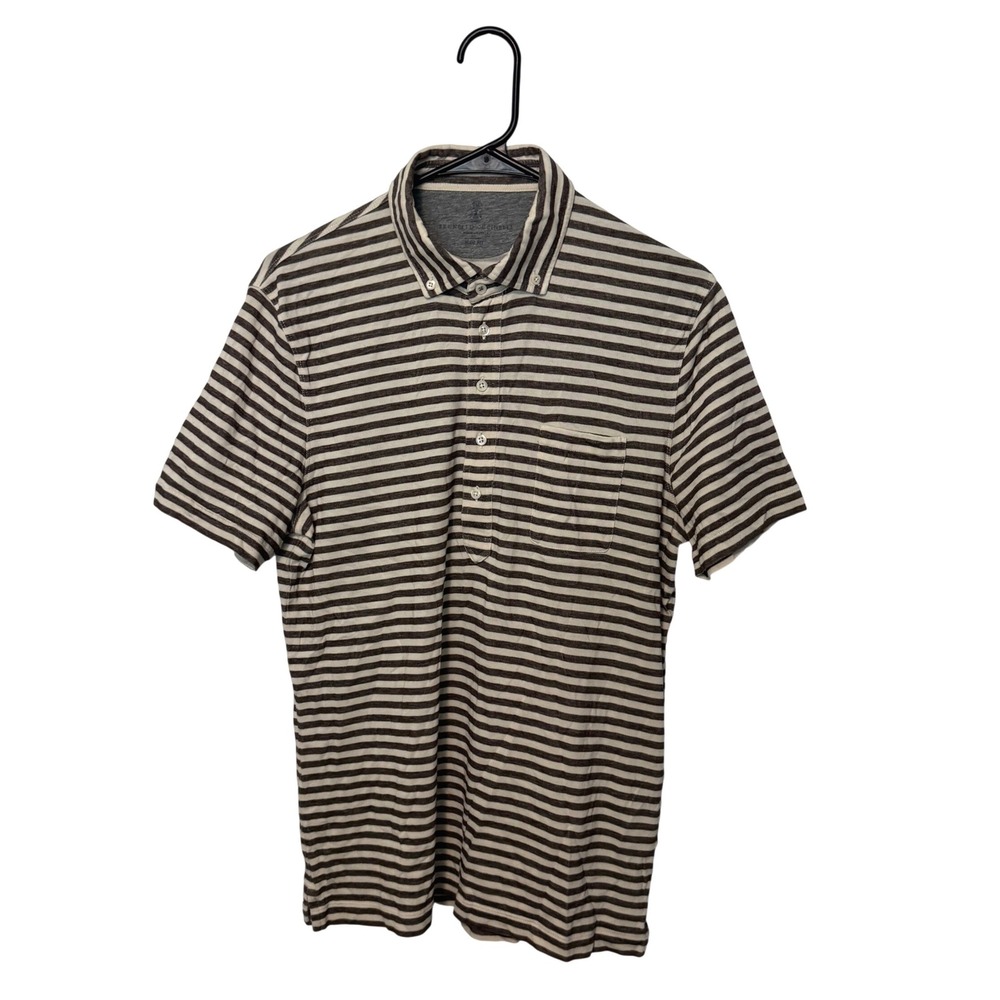 Brunello Cucinelli Polo Shirt Mens Medium Brown Striped Slim Fit Made Italy READ